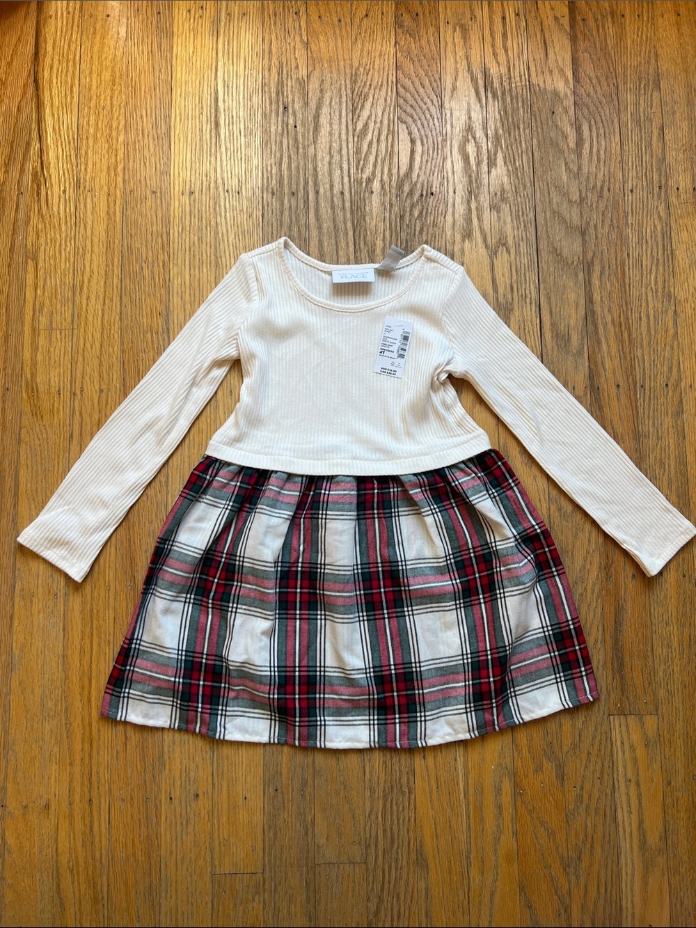 The Children's Place Cream Long-Sleeve Top with Red Plaid Skirt Girls Dress